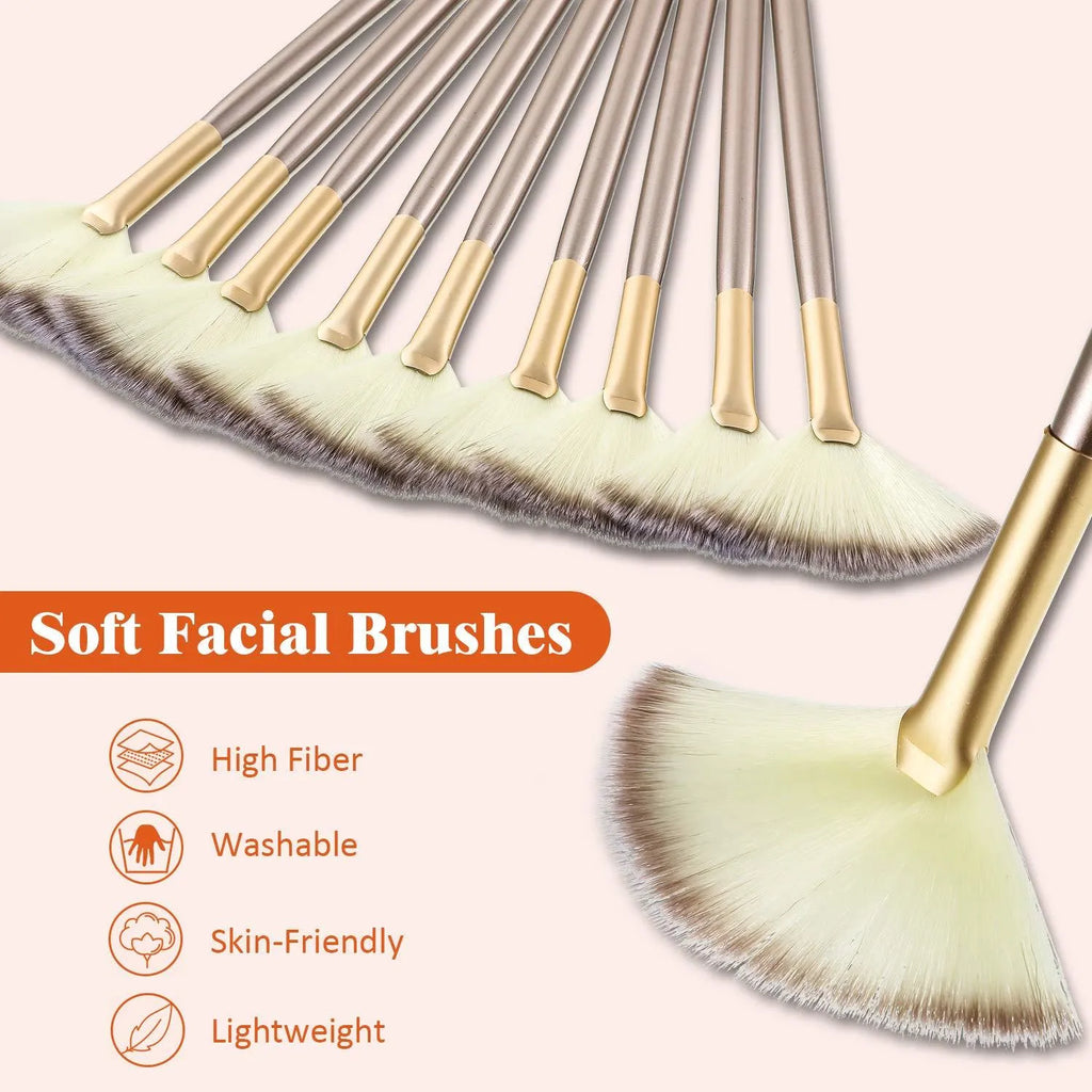 Set of 10 white-handled facial fan brushes with soft bristles and individual plastic brush covers.