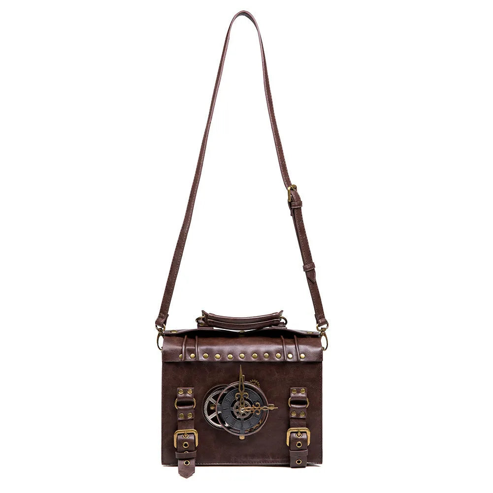 Bronze steampunk industrial retro shoulder bag with metal accents and square pillow shape