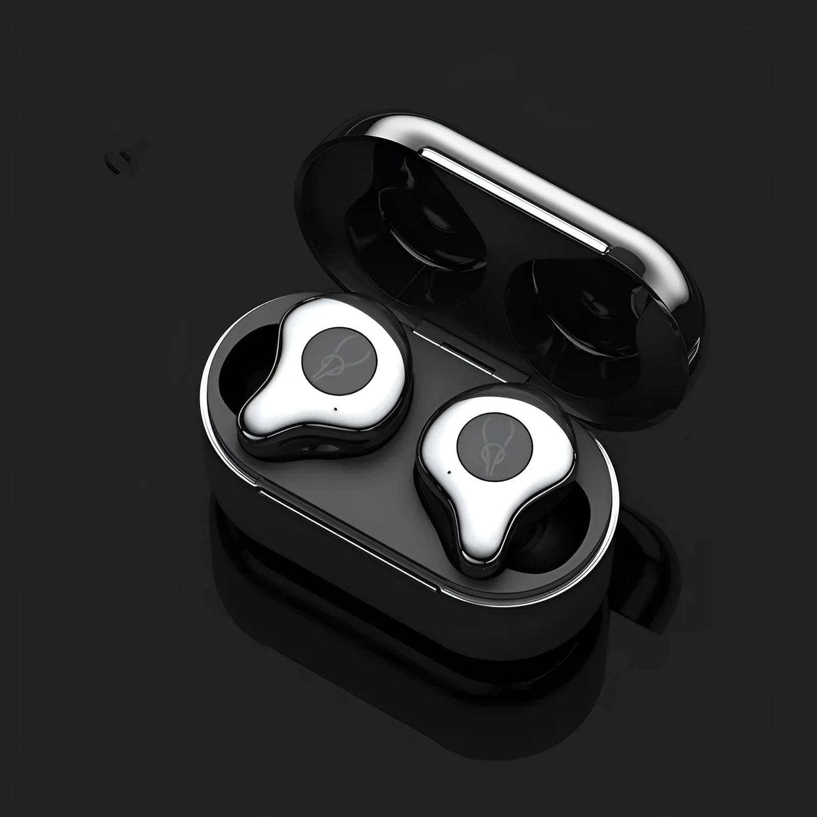 Wireless TWS Bluetooth earbuds in a charging case, available in Coffee, Coppery, Grey, Purple, Red, and Silver.