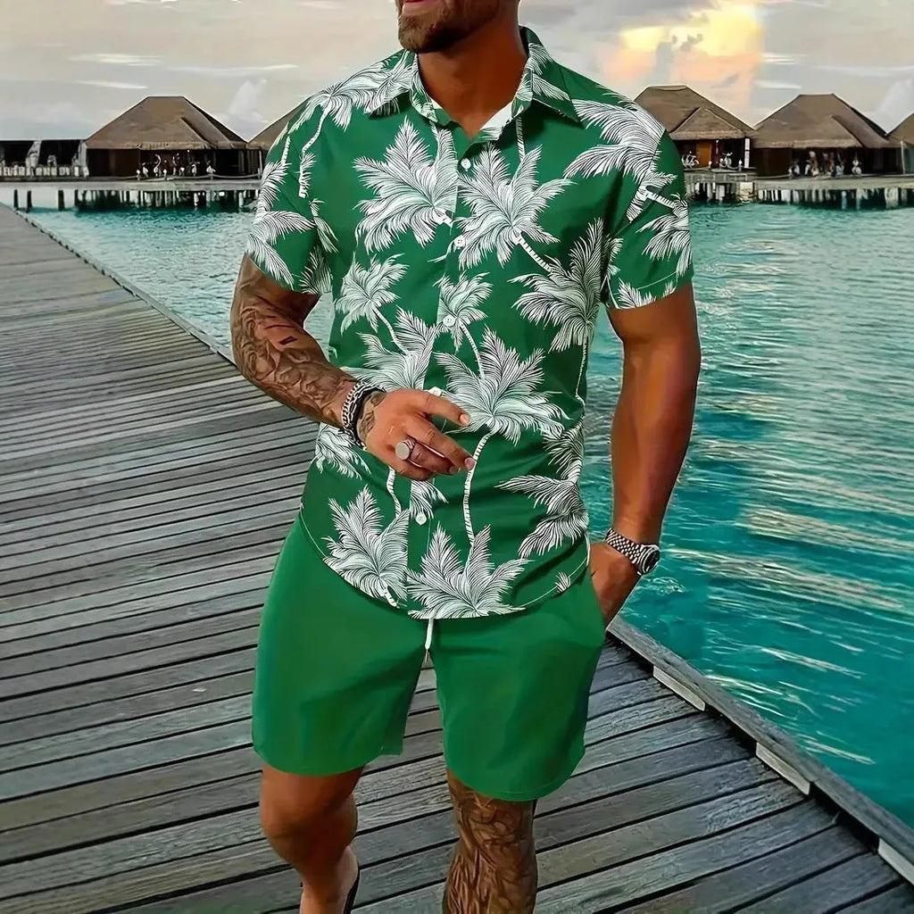 Men's Hawaiian print 3D short sleeve suit top and shorts set on a mannequin.