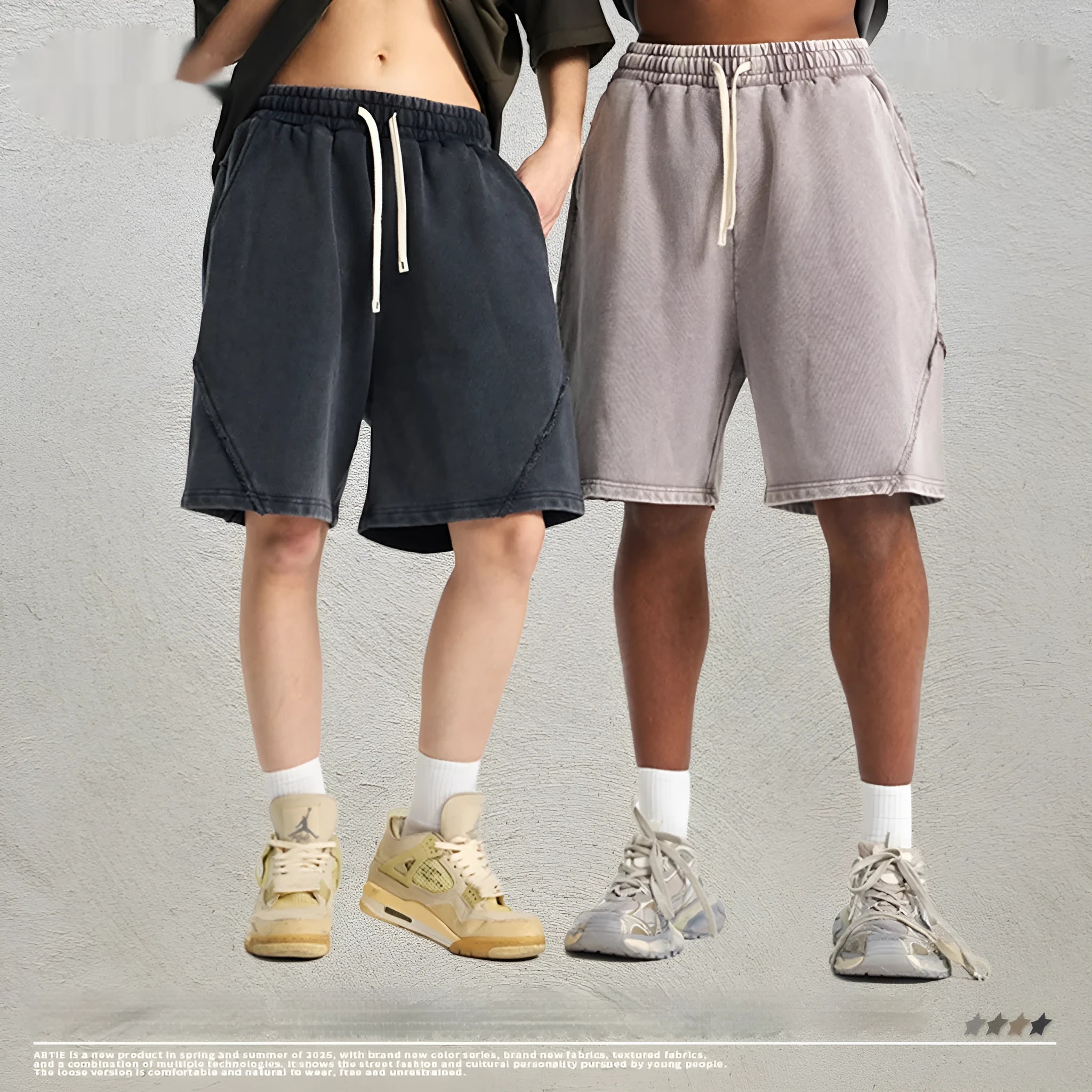 Men's batik-washed cotton terry shorts in a loose fit, shown in a retro colour with patch detail.