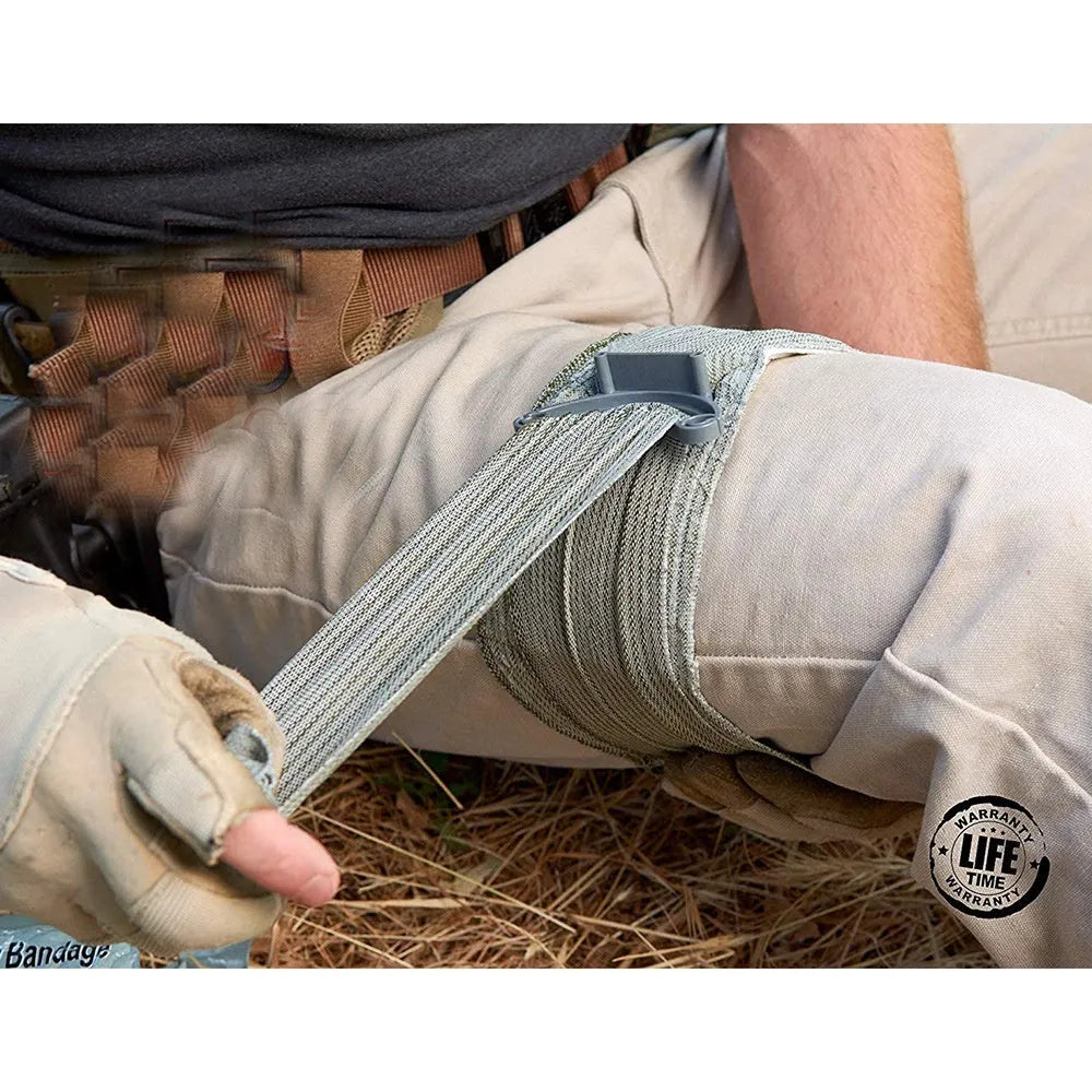 Tactical hemostatic gauze bandage in sealed package showing 4-inch and 6-inch size options