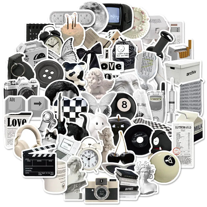 61-piece pack of black and white simple style PVC waterproof stickers for laptops and phones.