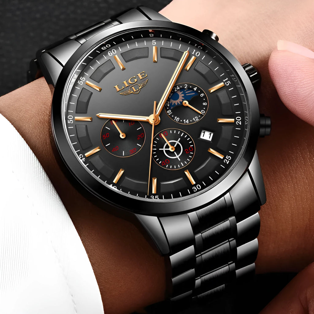 Men's quartz sports watch with Black and Rose Red Gold colour combination showing 12mm thickness