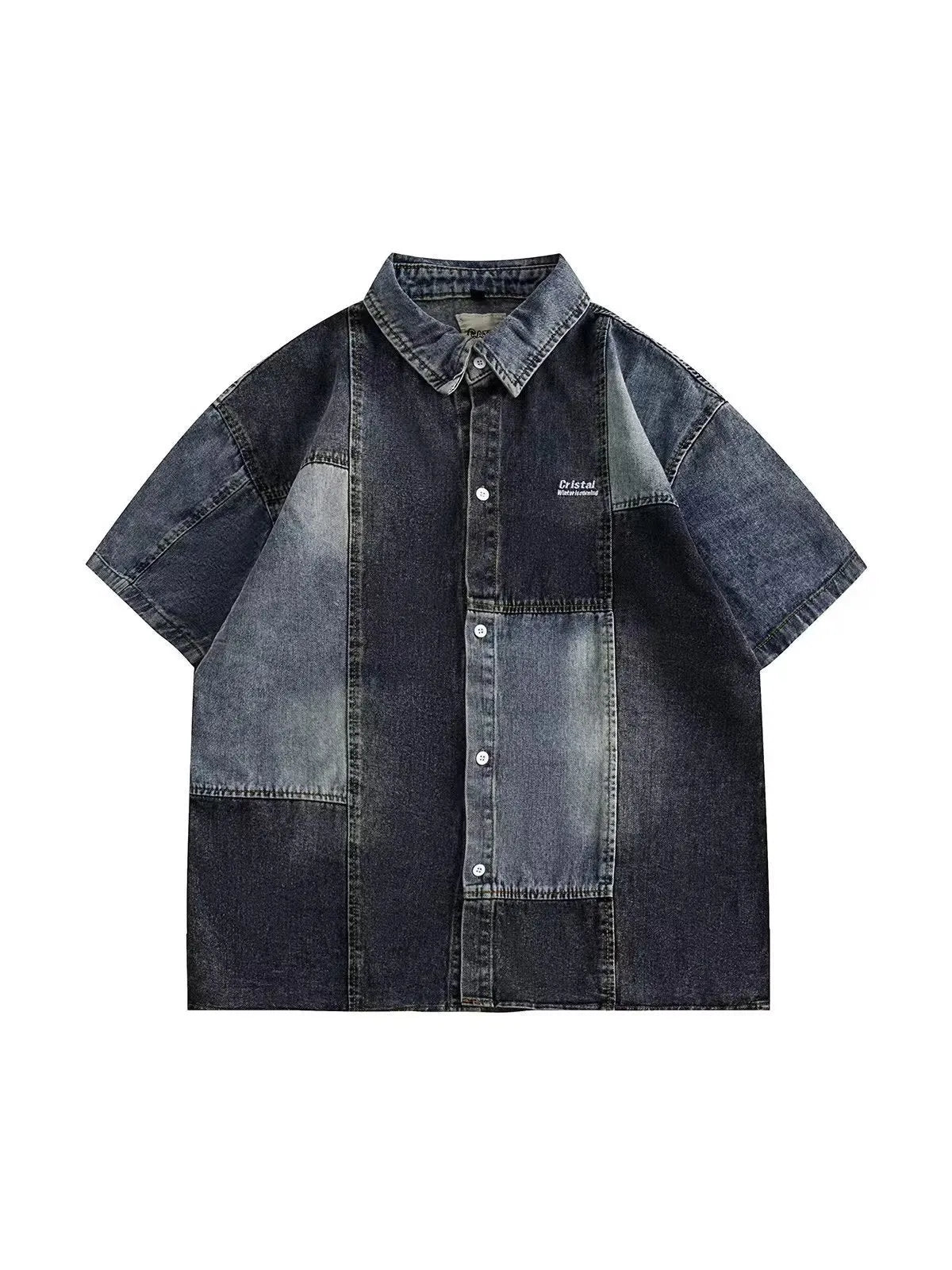 Blue Japanese-style retro denim shirt with washed stitching, loose cardigan design for men