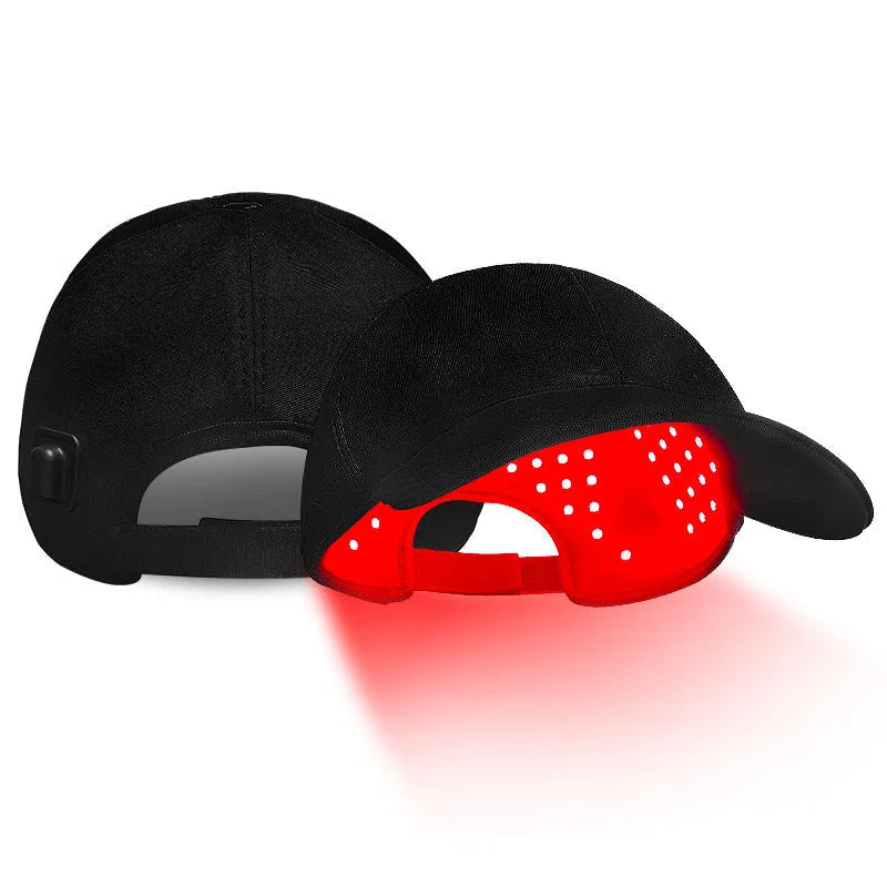 Black duckbill infrared hair growth cap with LED light strips for red light therapy treatment