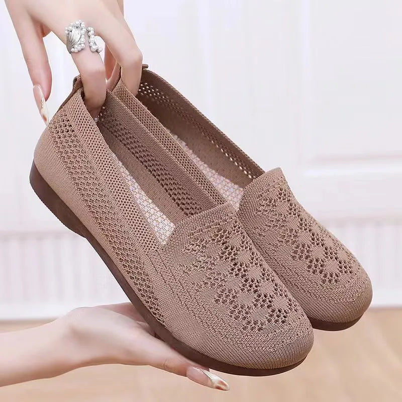 Women's beige mesh tennis shoes with round toe and anti-slip soles for elderly wide feet
