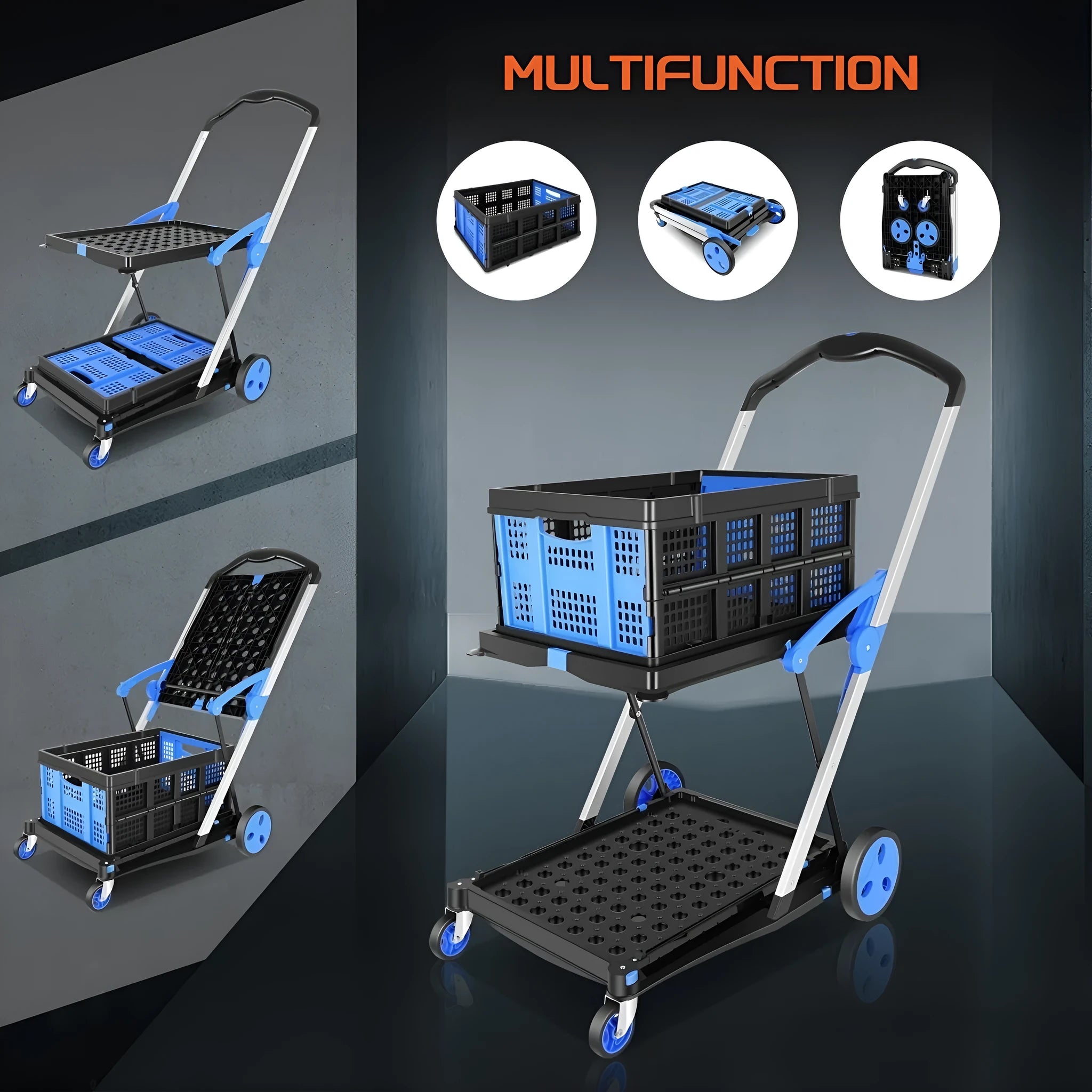 Foldable shopping cart with double basket design in blue, purple, pink and red colour options