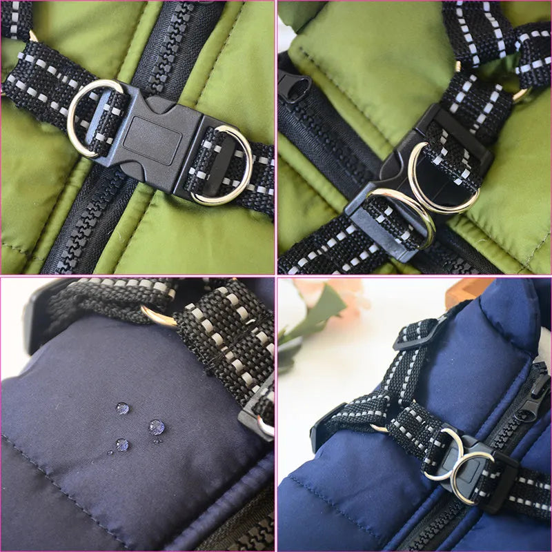 Waterproof dog coat with integrated harness in rain silk fabric showing size range from XS to 4XL