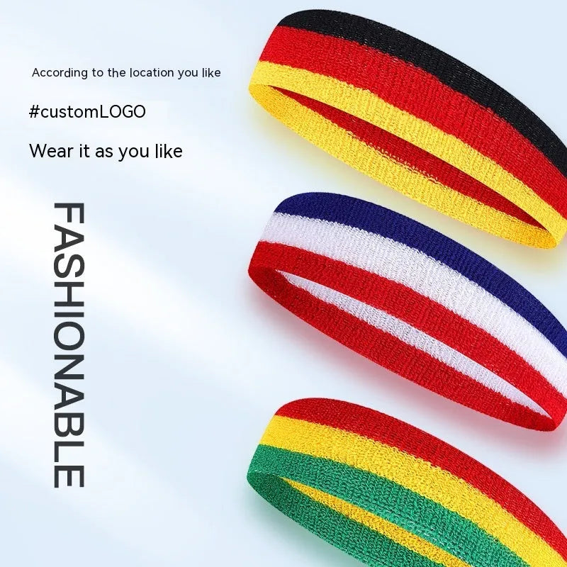 Colourful sports headband for adults in three-colour combinations measuring 5.5cm by 20cm