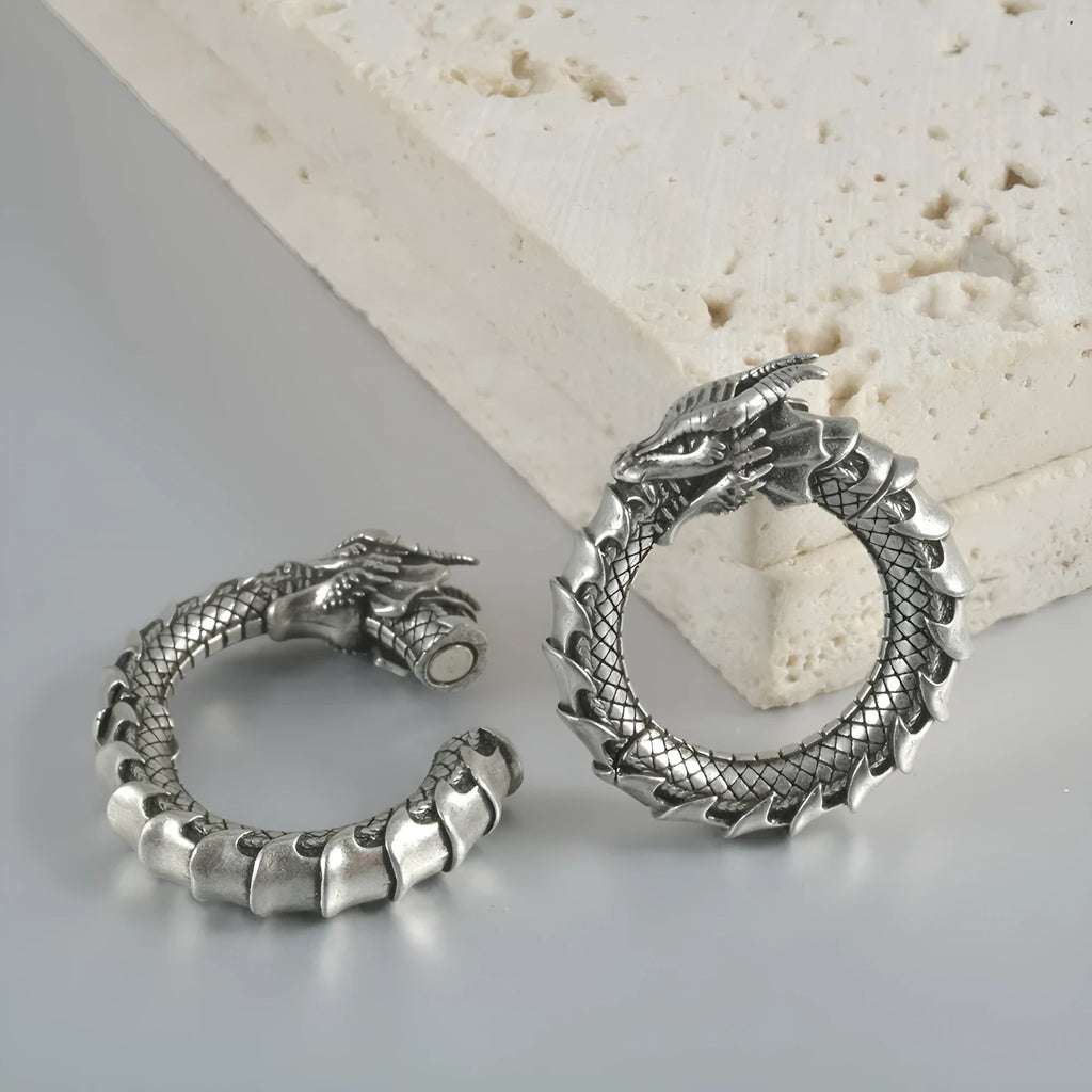 Antique silver dragon shape stainless steel earrings with hollow out geometry design