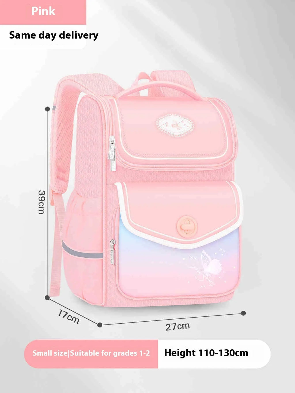Pink, purple, and green waterproof Oxford cloth schoolbag for primary school girls in two sizes.