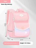 Pink, purple, and green waterproof Oxford cloth schoolbag for primary school girls in two sizes.