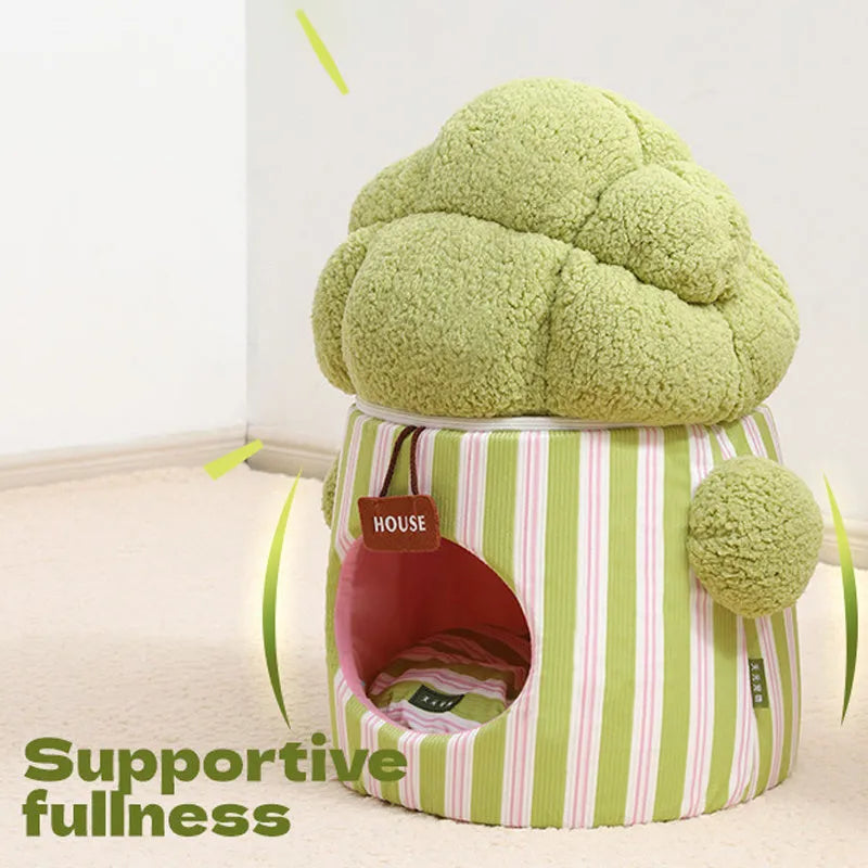 Green cauliflower-shaped 3D enclosed pet house with one entry hole, soft cushion, and washable lining for small dogs or cats.