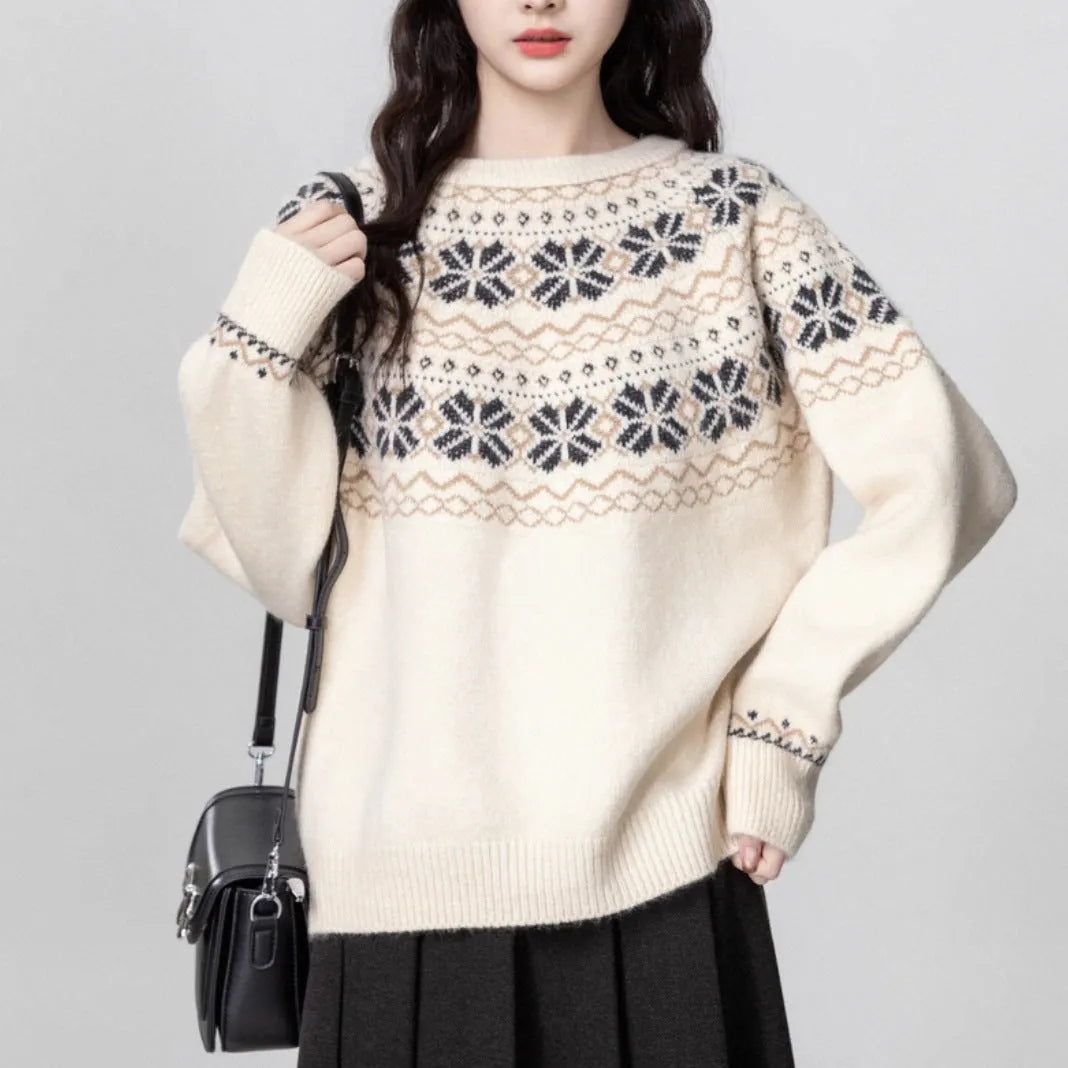 Women's Fair Isle crew neck pullover sweater with geometric pattern in milky white colour