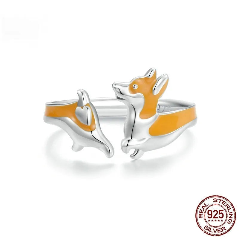 Adjustable silver ring with cartoon corgi design and electroplated finish, SCR1014-E colour variant