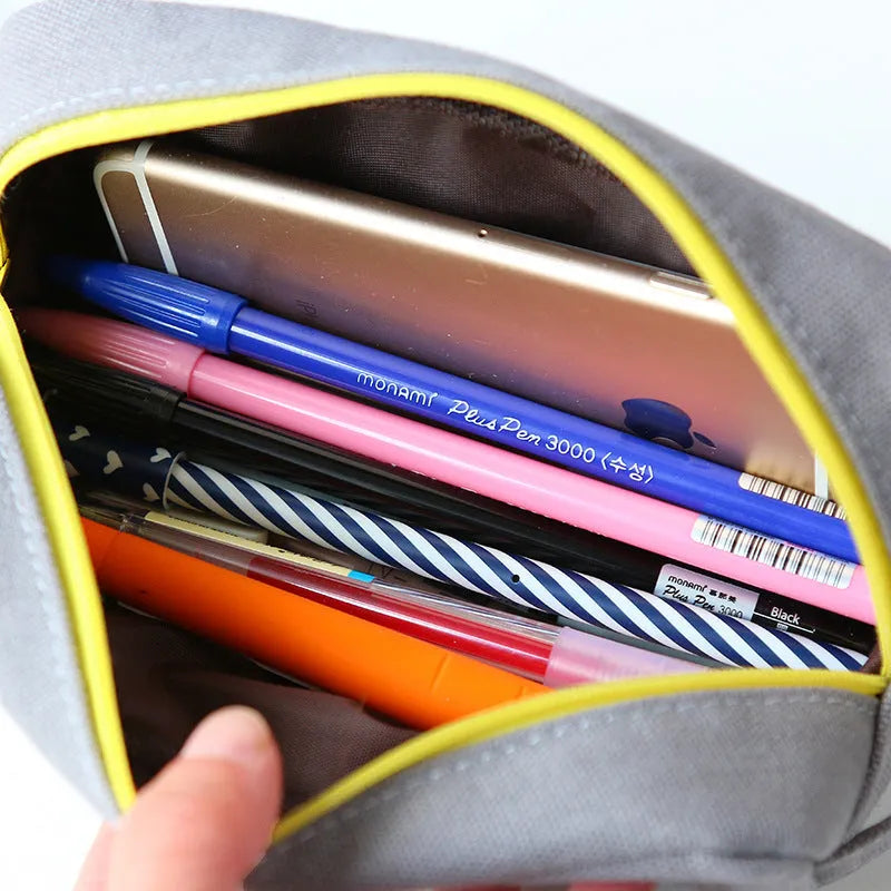 Cat cartoon canvas pencil case, square zipper pouch, 20x8cm, in blue beige grey or black