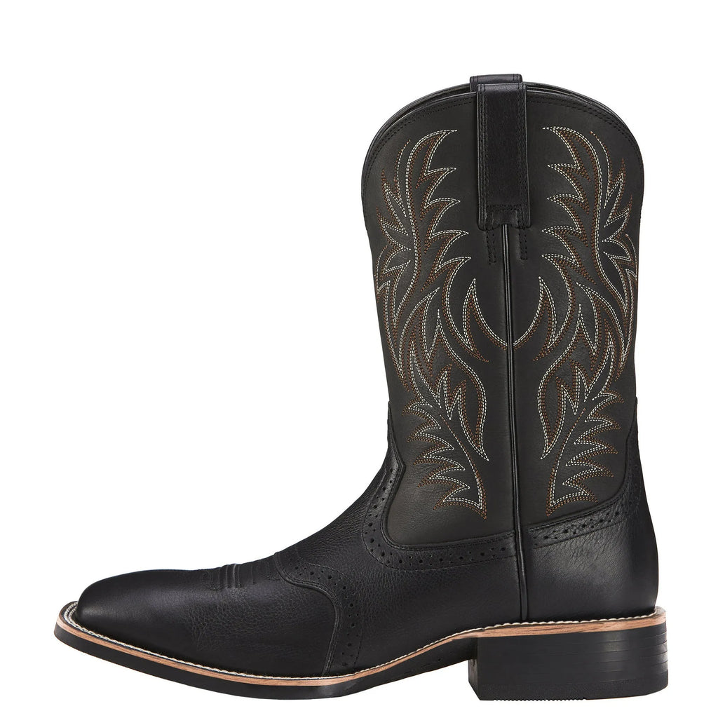 Men's black Western cowboy boot with high embroidery stitching on a wide square toe and high shaft.