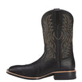Men's black Western cowboy boot with high embroidery stitching on a wide square toe and high shaft.