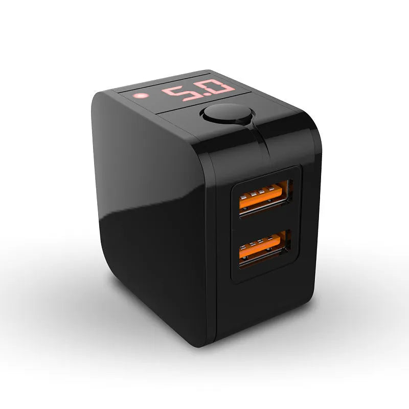 5V 2.4A dual USB travel charger with digital display showing Chinese, US and EU plug options