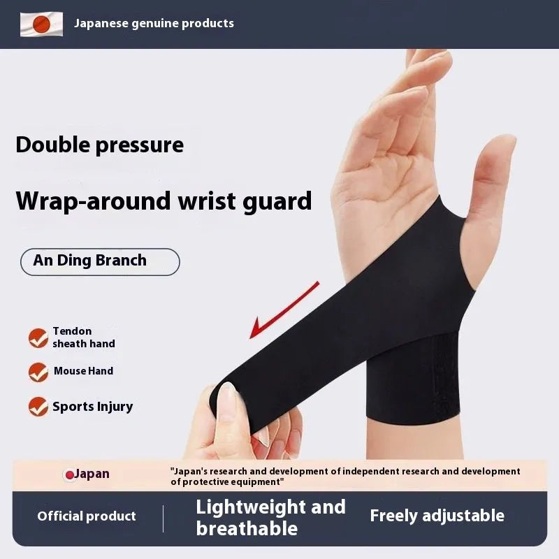 Adjustable black breathable wristguard worn on wrist for sports like badminton and tennis.
