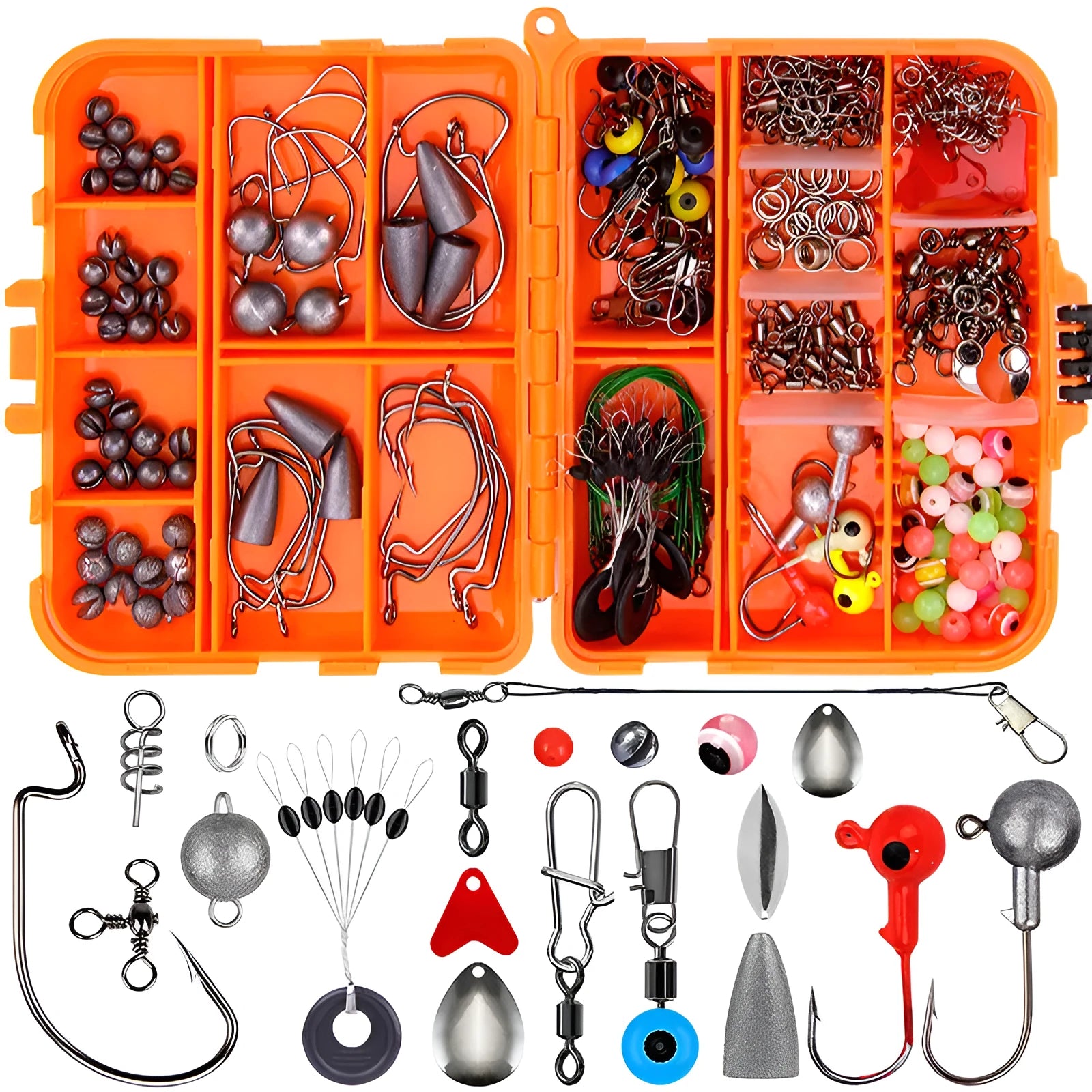 Weihe 257-piece fishing lure and hook accessories set in a black or orange ABS plastic organiser box.