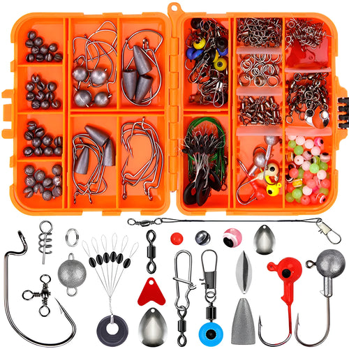Weihe 257-piece fishing lure and hook accessories set in a black or orange ABS plastic organiser box.