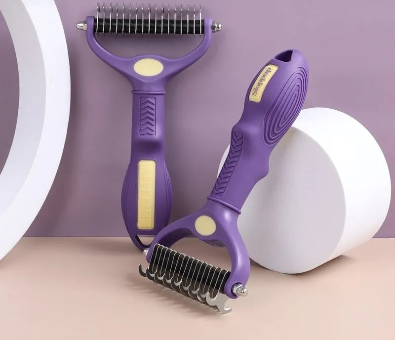Purple plastic double-sided dog comb for removing tangles and mats from pet fur