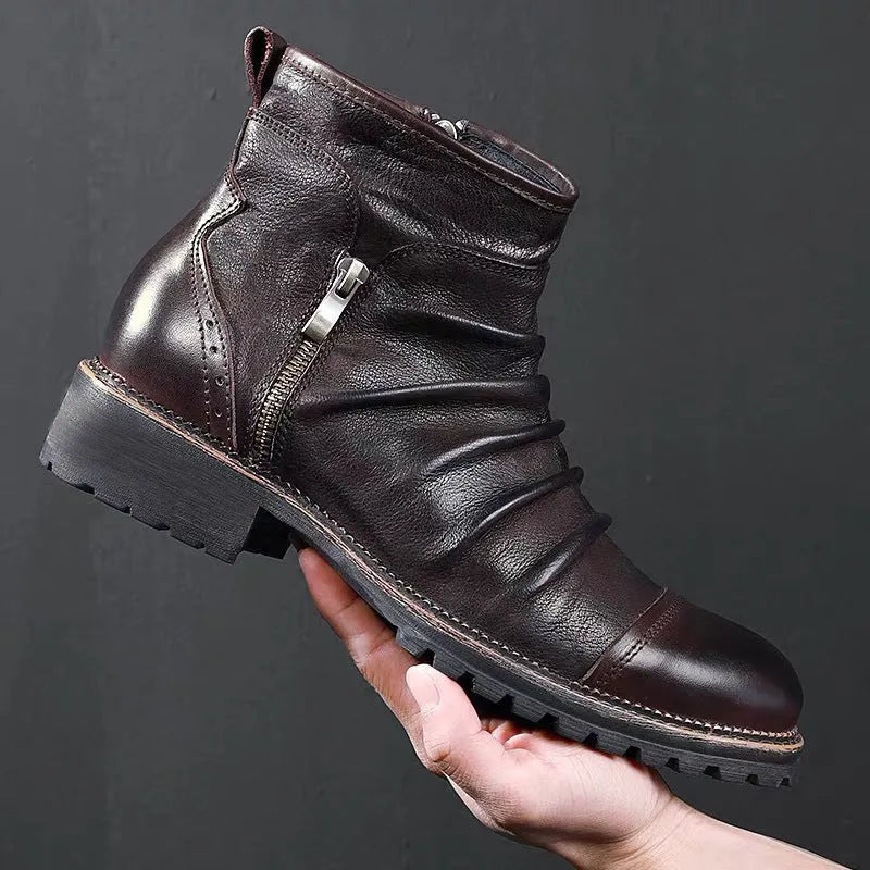Black cowboy boots with side zip and embossed artificial PU leather upper, showing round toe and horseshoe heel