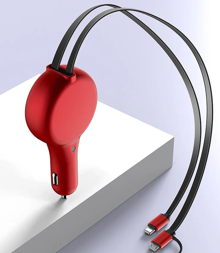 Retractable car charger with extended cables showing three charging heads in black or red colour