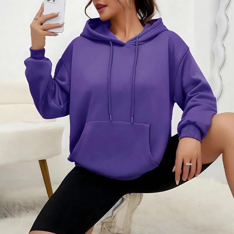 Women's loose drawstring pocket sweatshirt in polyester fabric with long sleeves