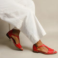 Red women's plus size casual sandals with square buckle and herringbone toe holder design