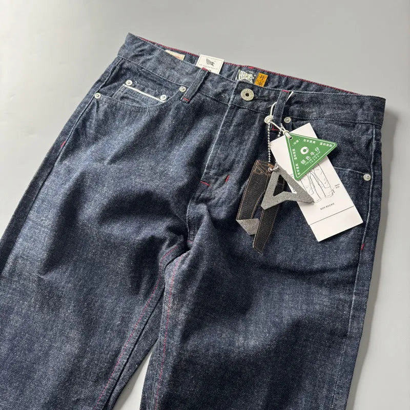 Men's straight leg denim jeans in primary colour with mid-rise waist and classic retro styling