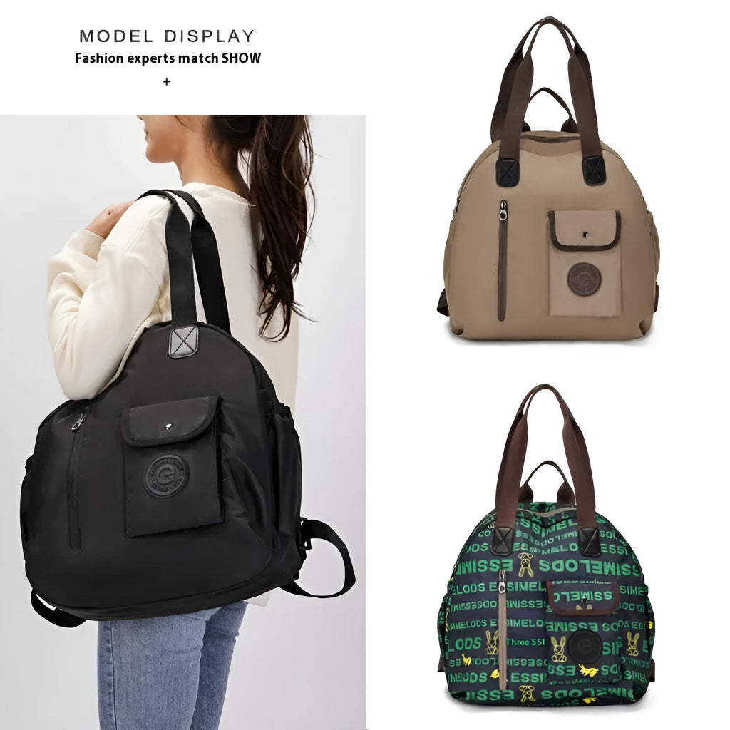 Women's large nylon outdoor backpack with sandwich pocket in black, green letters, or khaki