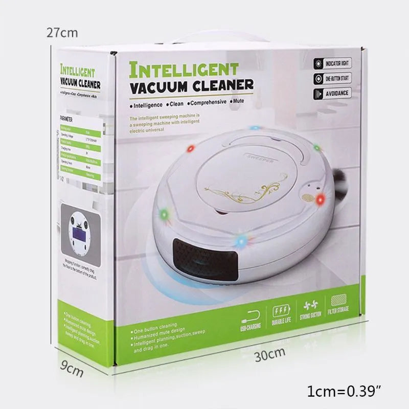 Blue round robot vacuum cleaner on a wooden floor next to its charging cable.