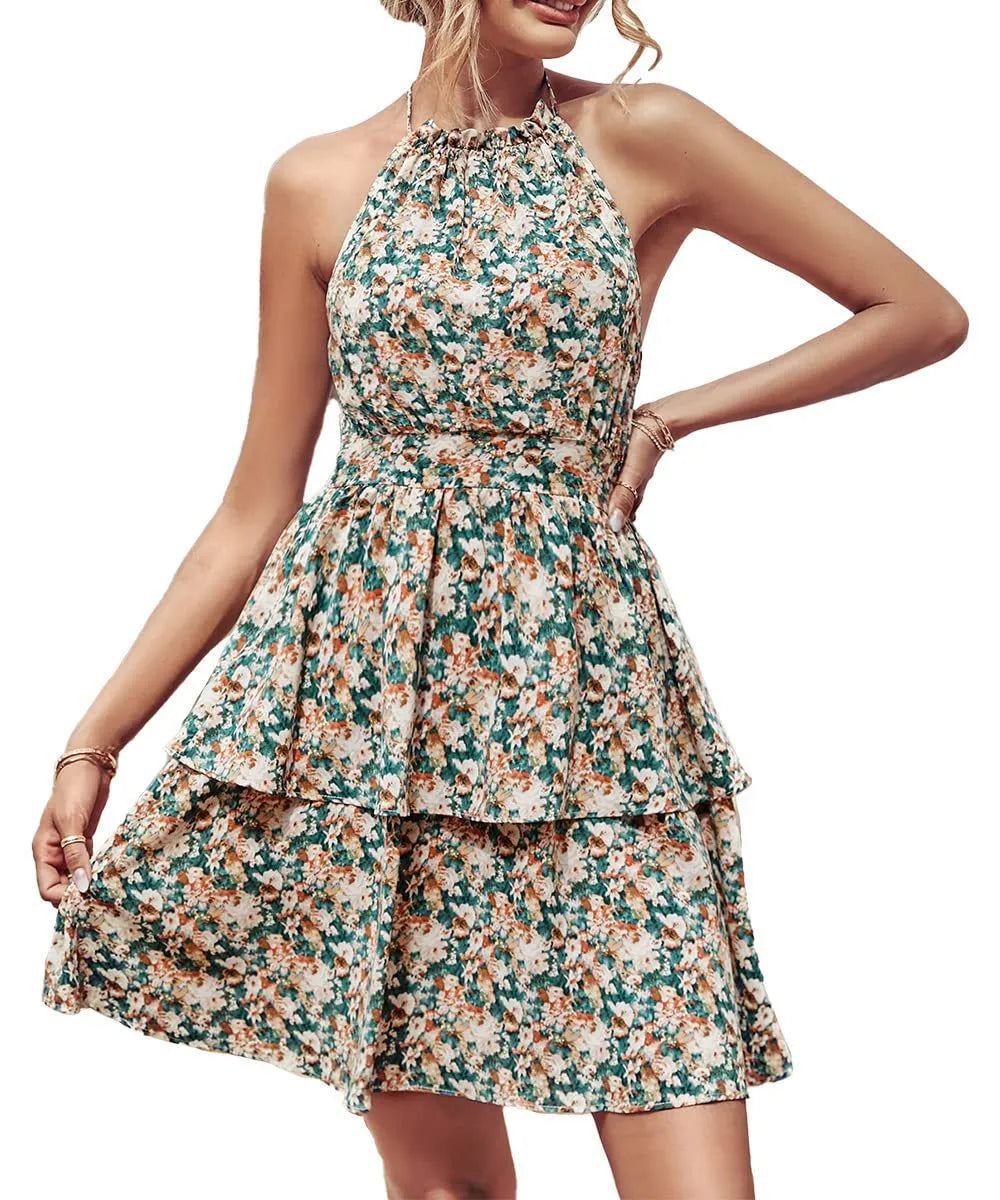 Women's summer printed halter dress with backless ruffled A-line design in various colours