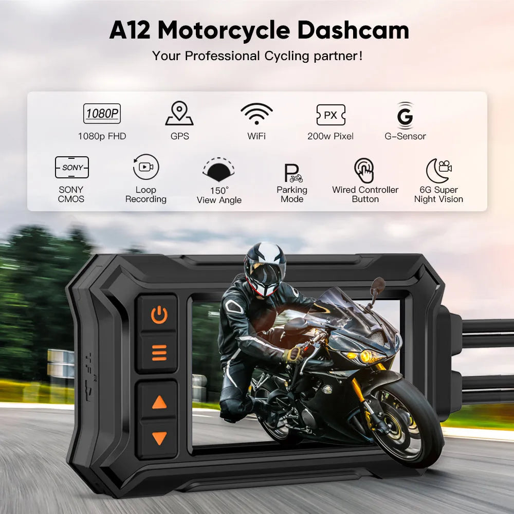Motorcycle dual lens tachograph with 3-inch display, front and rear cameras, GPS module, and waterproof housing