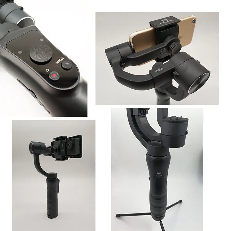 Black 3-axis handheld smartphone gimbal stabiliser with rotation adjustment controls