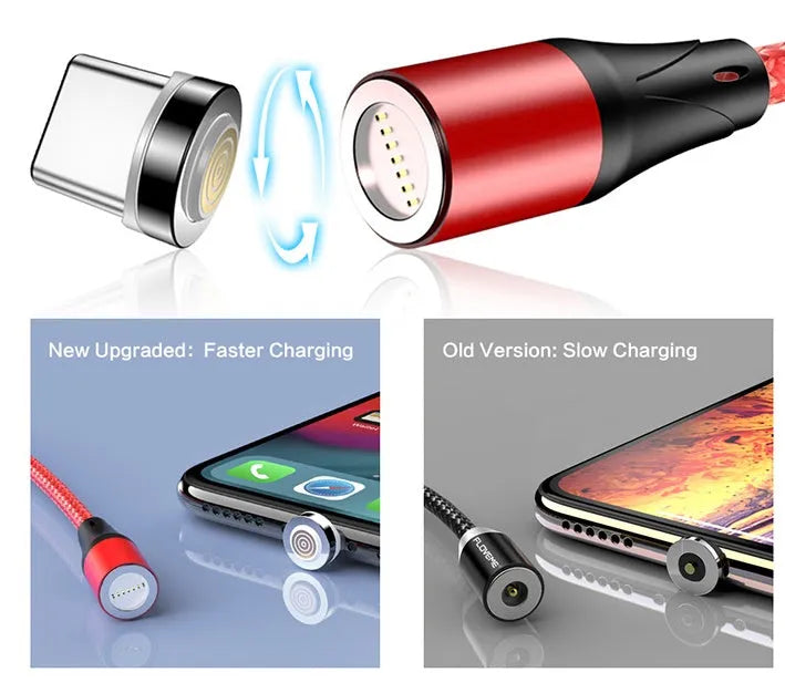 Black magnetic 3-in-1 fast charge data cable with side lighting for iPhone and Android phones