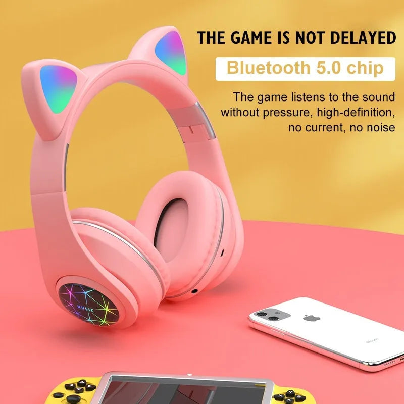 Cat ear wireless Bluetooth sports headset in multiple colours showing head-mounted design