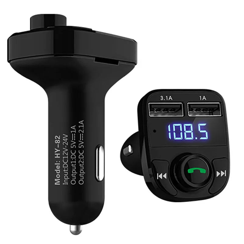 Car MP3 audio player and FM transmitter with dual USB charger, LED screen, 73x47x39mm, 30g.
