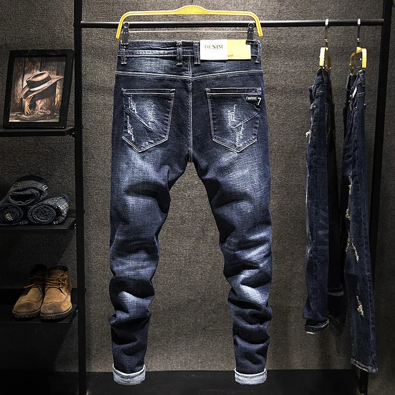 Men's slim-fit skinny jeans in dark blue and light blue cotton denim with mid waist design