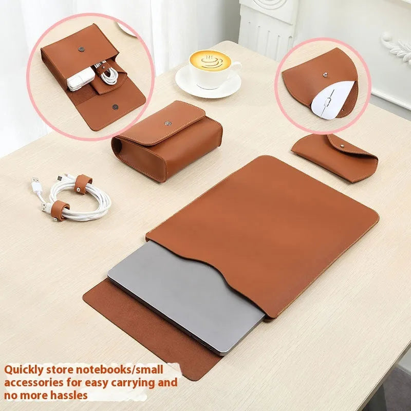 Four piece set of lock edge imitation leather laptop liners in brown gray apricot and light pink for MacBook and tablets