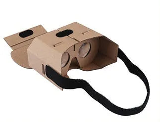 White cardboard virtual reality glasses headset for smartphones with 3D lens viewing.