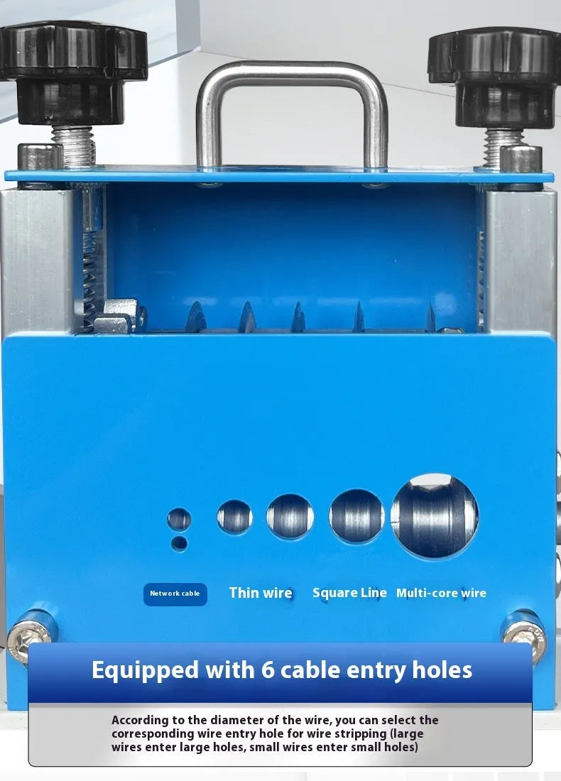 SD-017 manual wire stripping machine showing compact design and adjustable diameter openings 0.5-17mm