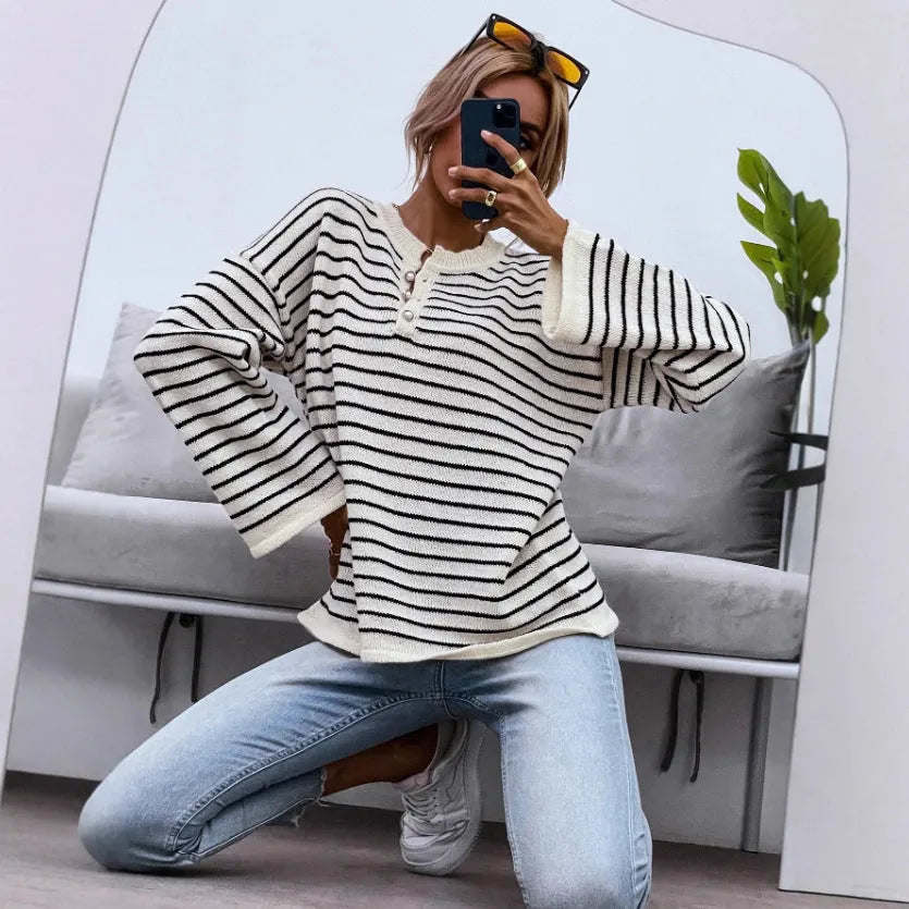 Women's black striped loose long sleeve viscose top with drop-shoulder design