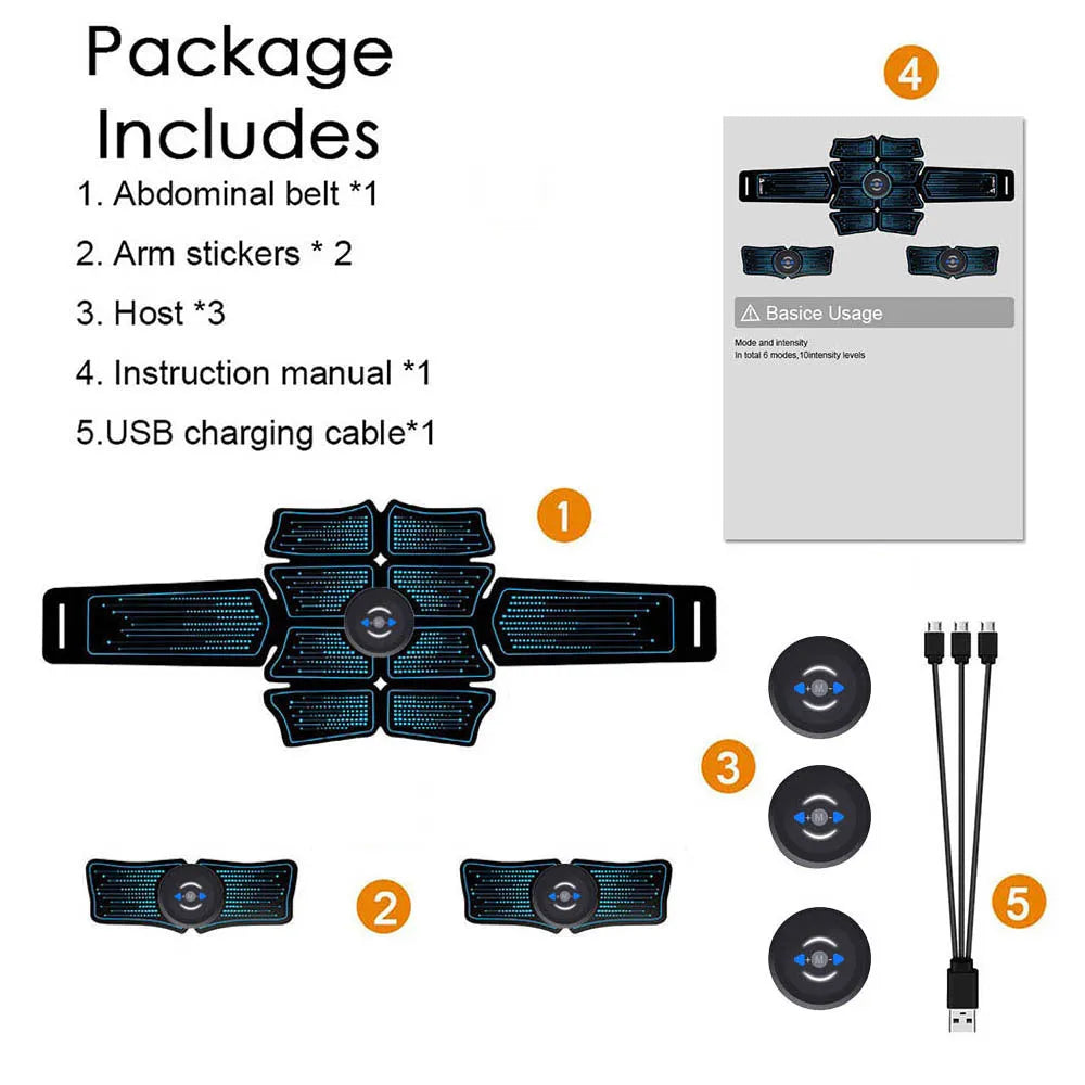 EMS abdominal muscle stimulator belly belt with 6 modes, 10 frequencies, 3 controllers, and USB charging cable