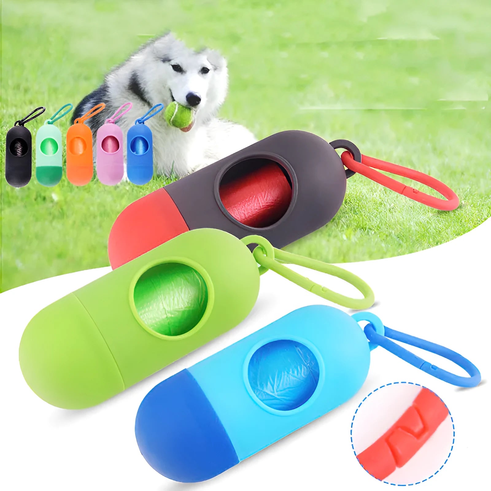 Small black dog waste bag holder with a side clip and Velcro strap, shown next to a roll of poop bags.