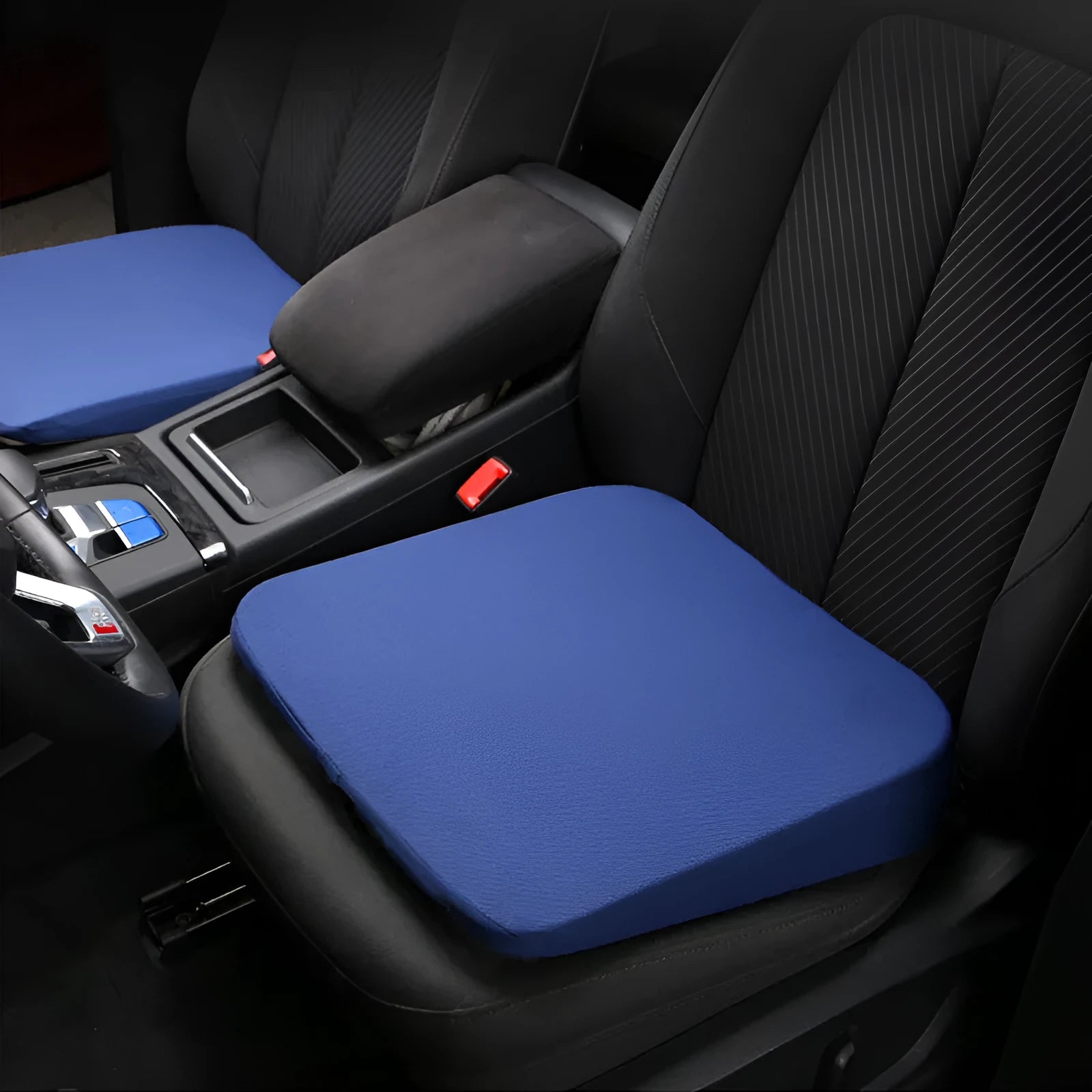 Black car seat cushion measuring approximately 42x39cm with 6cm thickness for height improvement