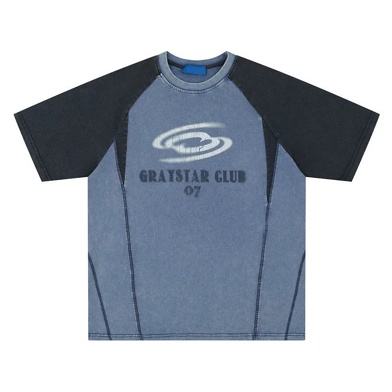 Men's blue hip hop letter print cotton t-shirt with raglan sleeves on a hanger